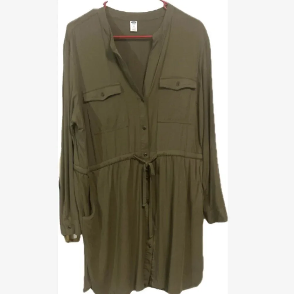 Old Navy Dress Women's Size XLT Olive Green 2 Side 2 Chest Pockets 100% Rayon